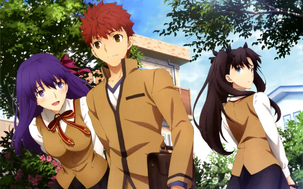 HD wallpaper featuring Rin Tohsaka, Sakura Matou, and Shirou Emiya from the anime Fate/stay Night Movie: Heaven's Feel, standing outdoors in school uniforms with a lush green background.