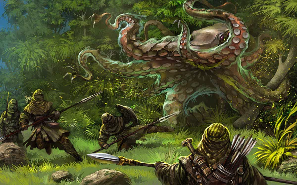 A fantasy warrior wields a spear, facing a giant octopus creature in a dense forest, captured in a vivid HD PC desktop wallpaper scene.