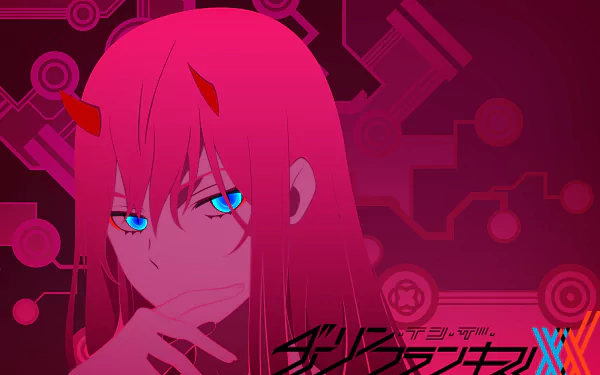 HD desktop wallpaper of Zero Two from the anime Darling in the FranXX, featuring her with her characteristic pink hair and red horns against a futuristic background.