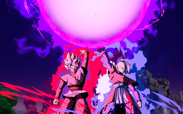 Black Goku and a female character from Dragon Ball FighterZ unleash powerful energy attacks in a vibrant 4K Ultra HD video game wallpaper.