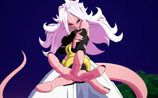Android 21 from Dragon Ball FighterZ in a dynamic pose, rendered as an 8K Ultra HD PC desktop wallpaper with vibrant colors and sharp video game-inspired details.