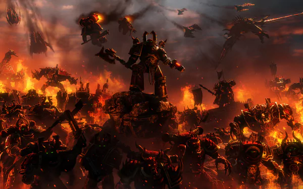 HD desktop wallpaper of a Warhammer 40k battle scene, featuring a Space Marine in armor amidst intense combat with fire in the background. Visually striking and action-packed video game art.
