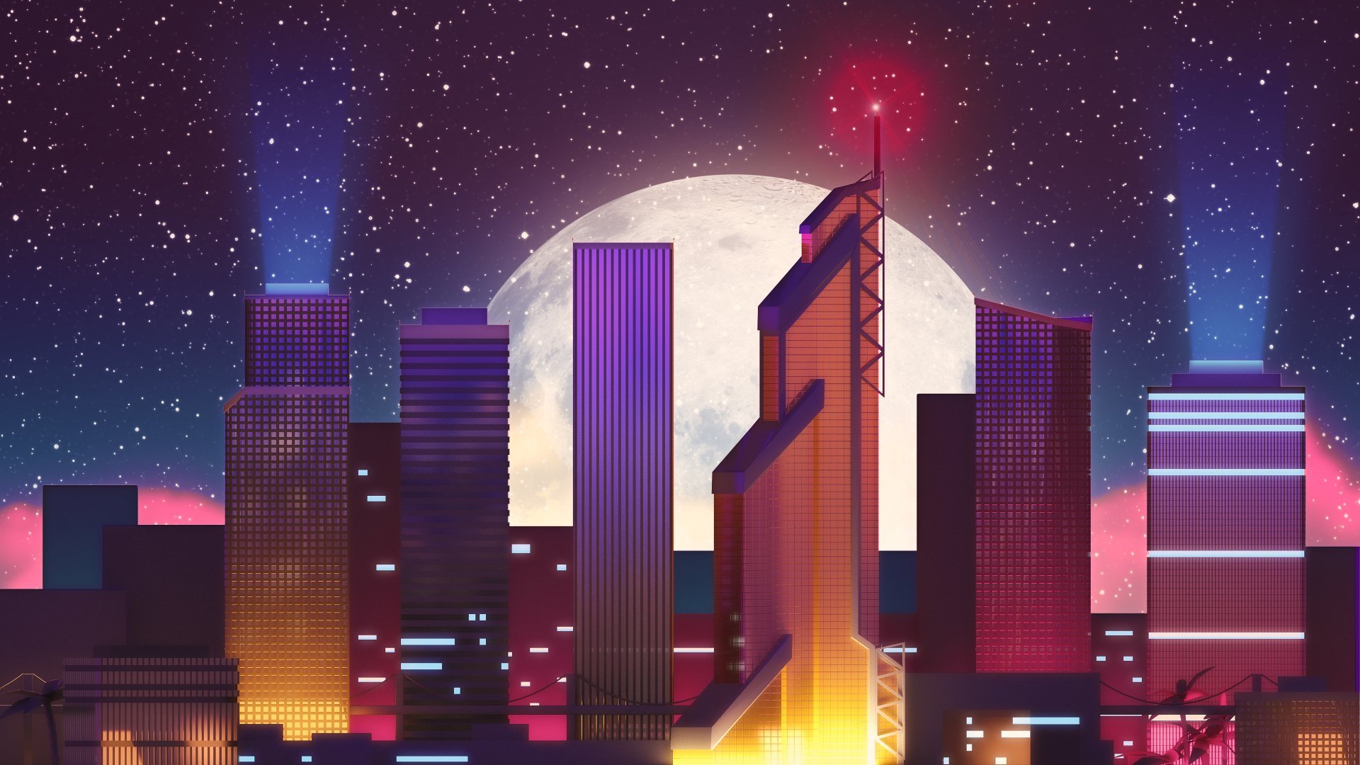 Download Moon Neon Artistic City 4k Ultra HD Wallpaper