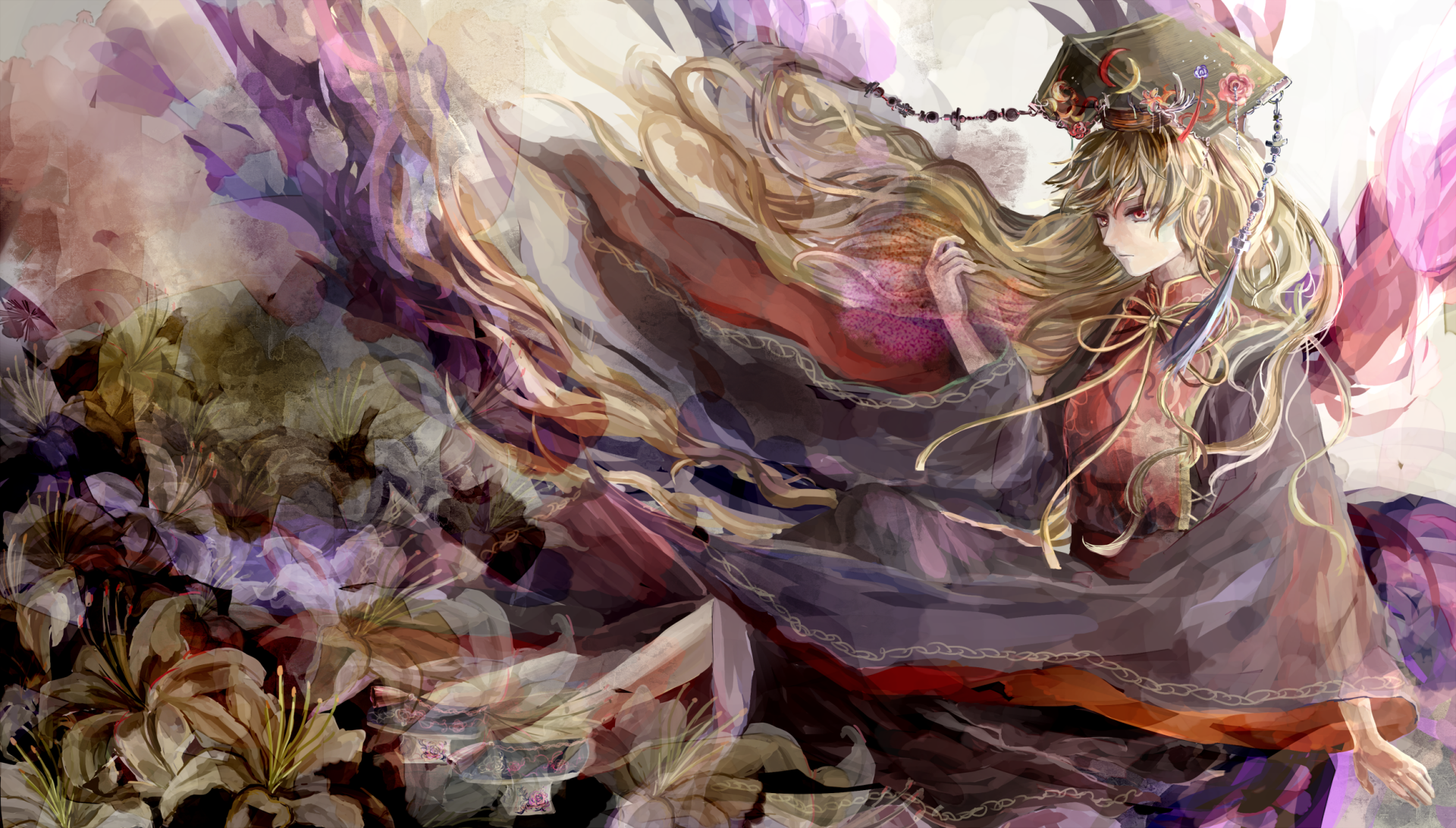 HD anime desktop wallpaper featuring Junko from Touhou, depicted with flowing hair and intricate garments in a dynamic, colorful composition.