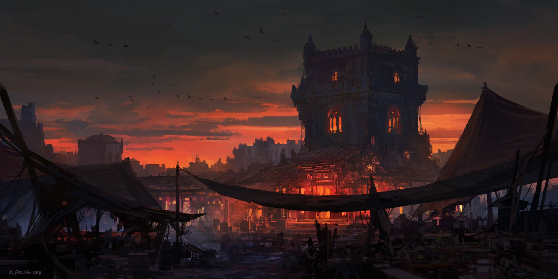 HD fantasy PC desktop wallpaper featuring a towering, illuminated medieval building against a dramatic fiery sunset sky with silhouetted market tents in the foreground.