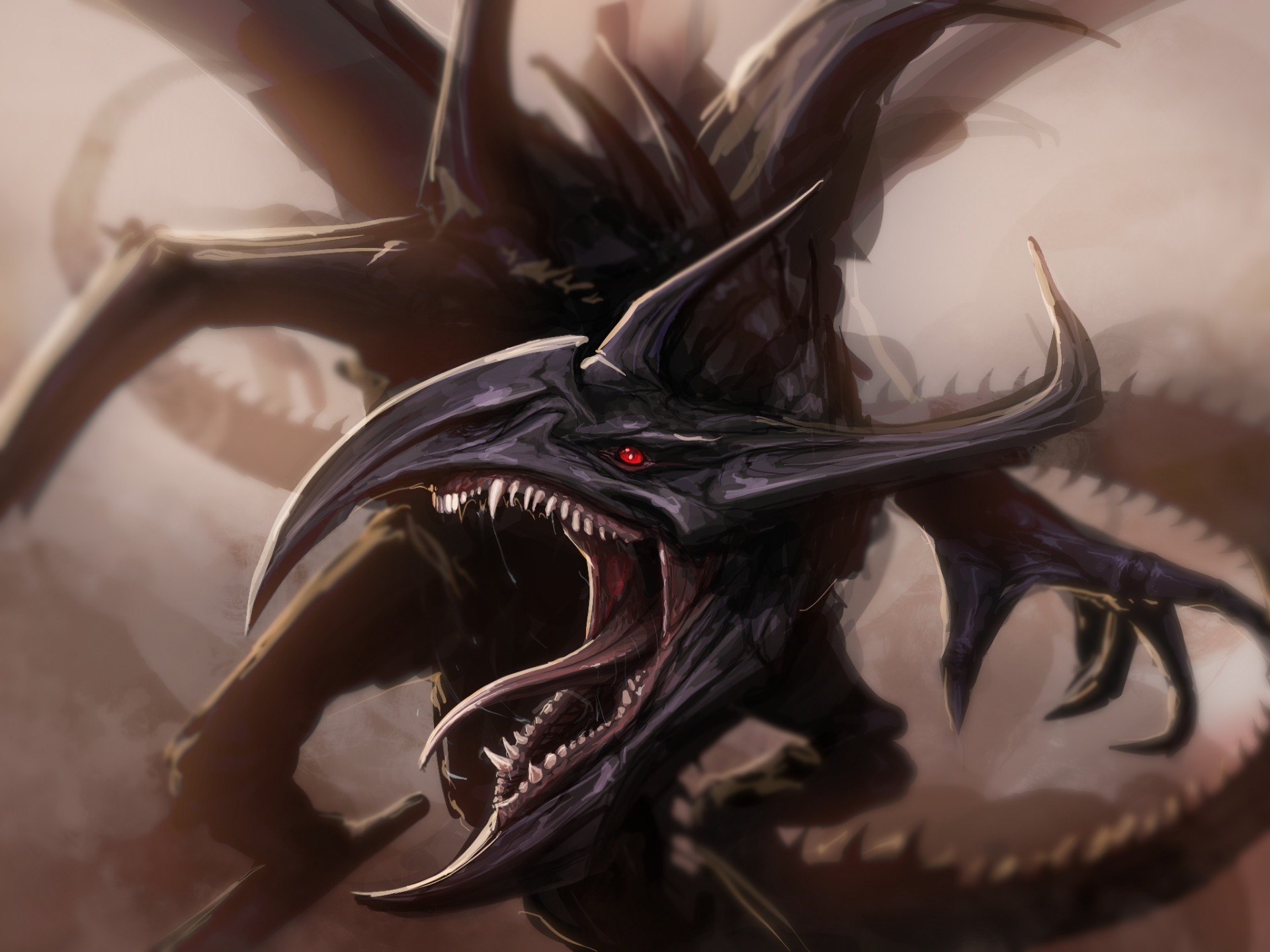 HD fantasy PC wallpaper depicting a fierce, dark creature with sharp horns, glowing red eyes, and an open mouth revealing jagged teeth.