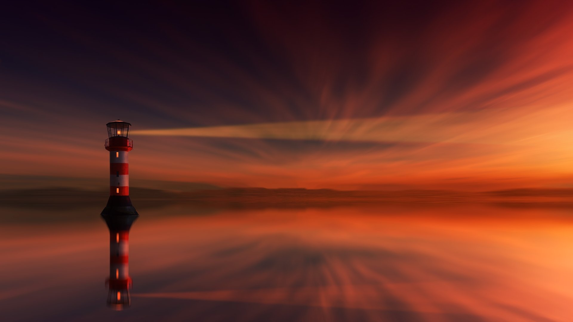 A 4K Ultra HD desktop wallpaper featuring a man-made lighthouse reflecting peacefully on calm water under a vibrant sunset sky with radiant light beams.