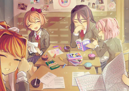 The image features the characters Natsuki, Yuri, Monika, and Sayori from Doki Doki Literature Club! They are seen enjoying time together in a classroom setting, surrounded by books and snacks.