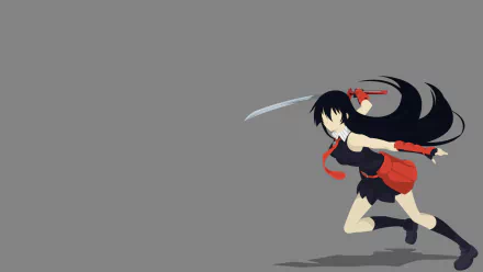 Minimalist anime HD wallpaper of Akame from Akame ga Kill! in a black dress, red belt and gloves, black socks, wielding a katana, with long black hair and red tie.