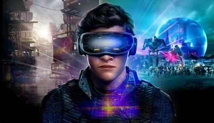 HD wallpaper from the movie Ready Player One featuring actor Tye Sheridan wearing VR goggles. The Iron Giant and a futuristic city background are also visible.