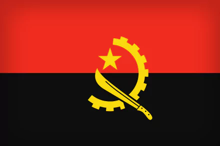 4K Ultra HD desktop wallpaper featuring the flag of Angola with its red and black horizontal stripes and central yellow emblem of a cogwheel, machete, and star.