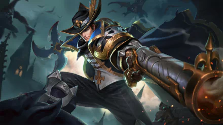 Valhein from Arena of Valor in detailed 4K Ultra HD artwork, showcasing his dynamic pose with a large firearm against a dark, moody background.