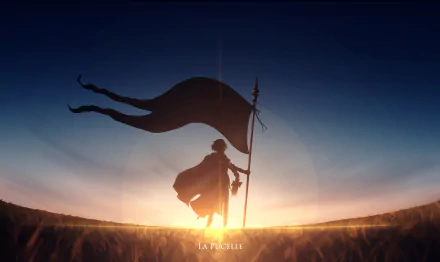 HD desktop wallpaper featuring Jeanne d'Arc from the Fate Series, specifically Fate/Grand Order. She is silhouetted against a sunset, holding a flag with La Pucelle written below.