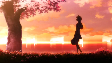 HD PC desktop wallpaper featuring Ran Mouri from the anime Detective Conan standing beneath a tree at sunset with a vibrant orange and pink sky.