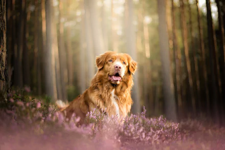 HD desktop wallpaper featuring a Nova Scotia Duck Tolling Retriever in a forest with soft depth of field and purple wildflowers in the foreground.