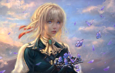 HD anime desktop wallpaper featuring Violet Evergarden holding purple flowers, surrounded by fluttering butterflies under a colorful sky.