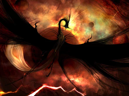 A dark, winged sci-fi creature soars against a fiery cosmic backdrop with glowing planets, creating a striking HD PC desktop wallpaper in space-themed art.