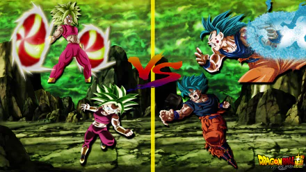 HD PC desktop wallpaper featuring Goku and other characters from Dragon Ball Super in an intense battle scene with vibrant green and fiery orange backgrounds.