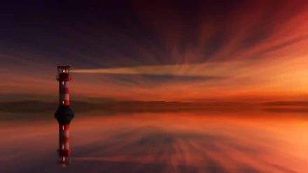 A 4K Ultra HD desktop wallpaper featuring a man-made lighthouse reflecting peacefully on calm water under a vibrant sunset sky with radiant light beams.