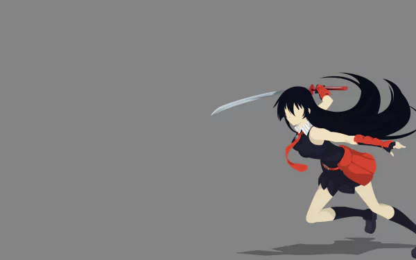 Minimalist anime HD wallpaper of Akame from Akame ga Kill! in a black dress, red belt and gloves, black socks, wielding a katana, with long black hair and red tie.