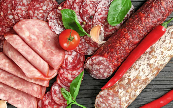 Still-life 4K Ultra HD PC desktop wallpaper and background: sliced salami and cured sausages with basil, cherry tomato, garlic and red chilies on a dark wooden board — food, meat.