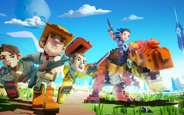 PixARK game characters and creatures on a vibrant HD desktop wallpaper.