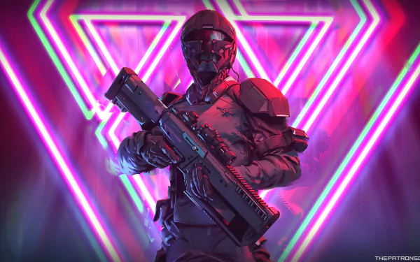 A cyberpunk soldier clad in futuristic armor wields an assault rifle against a vibrant neon backdrop, featuring interlocking triangle patterns. The scene has a sci-fi, high-definition visual aesthetic.