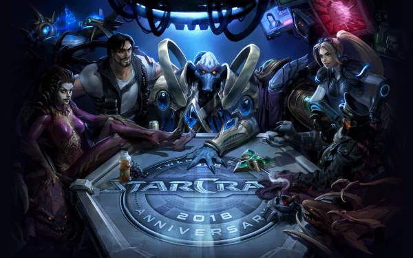 HD Starcraft PC wallpaper featuring iconic characters Jim Raynor, Sarah Kerrigan, Nova, and a Zerg, celebrating the Starcraft anniversary with a dynamic, sci-fi design.