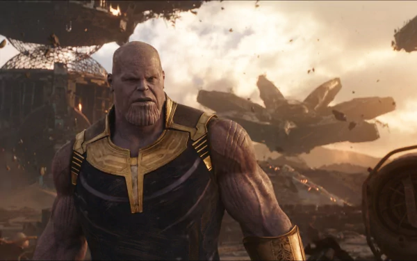 HD desktop wallpaper featuring Josh Brolin as Thanos in the movie Avengers: Infinity War, showcasing the character in a devastated landscape background.