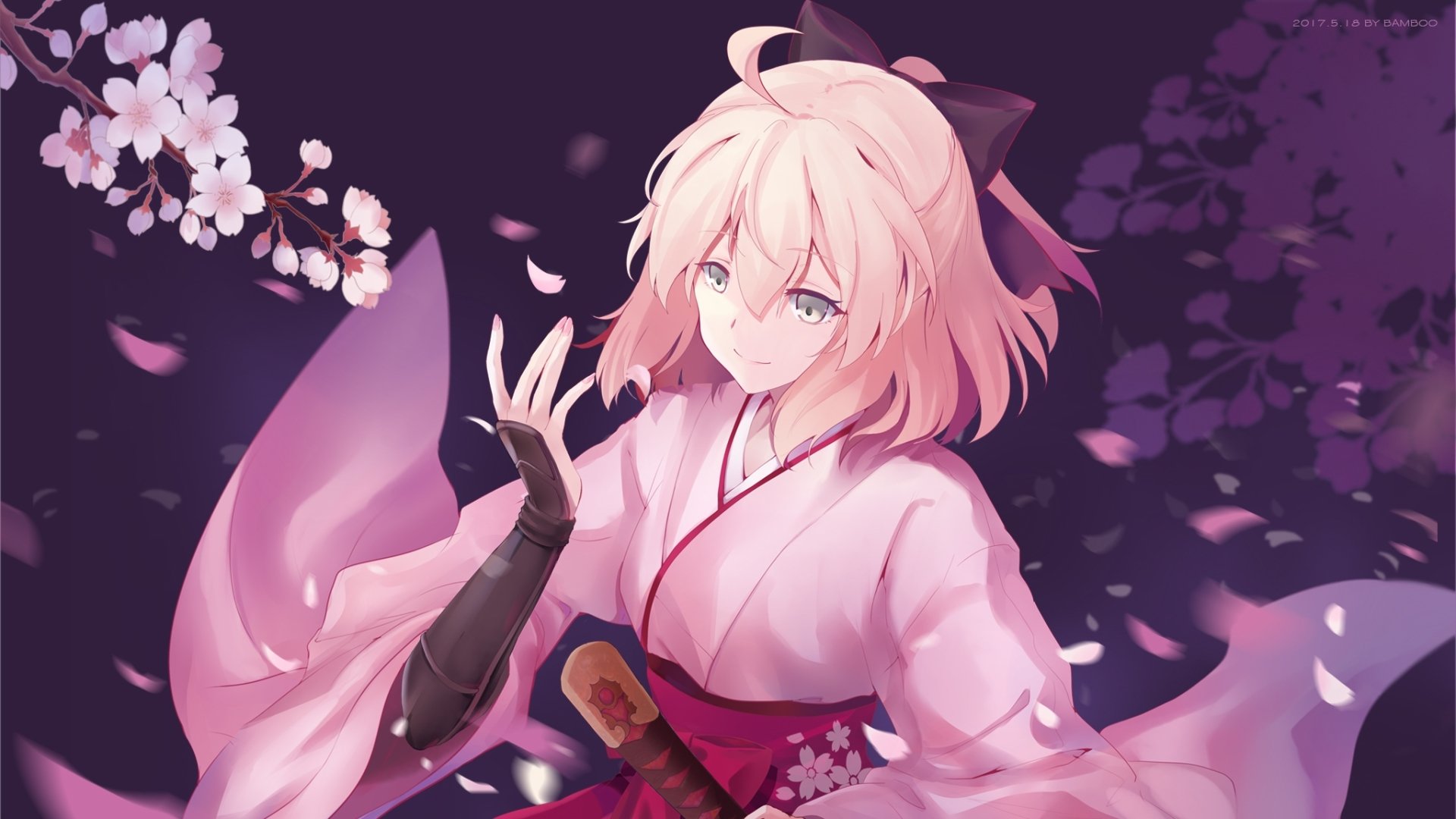 HD desktop wallpaper featuring Sakura Saber from Fate/Grand Order. The anime character is depicted in a pink kimono with cherry blossoms and falling petals in the background.