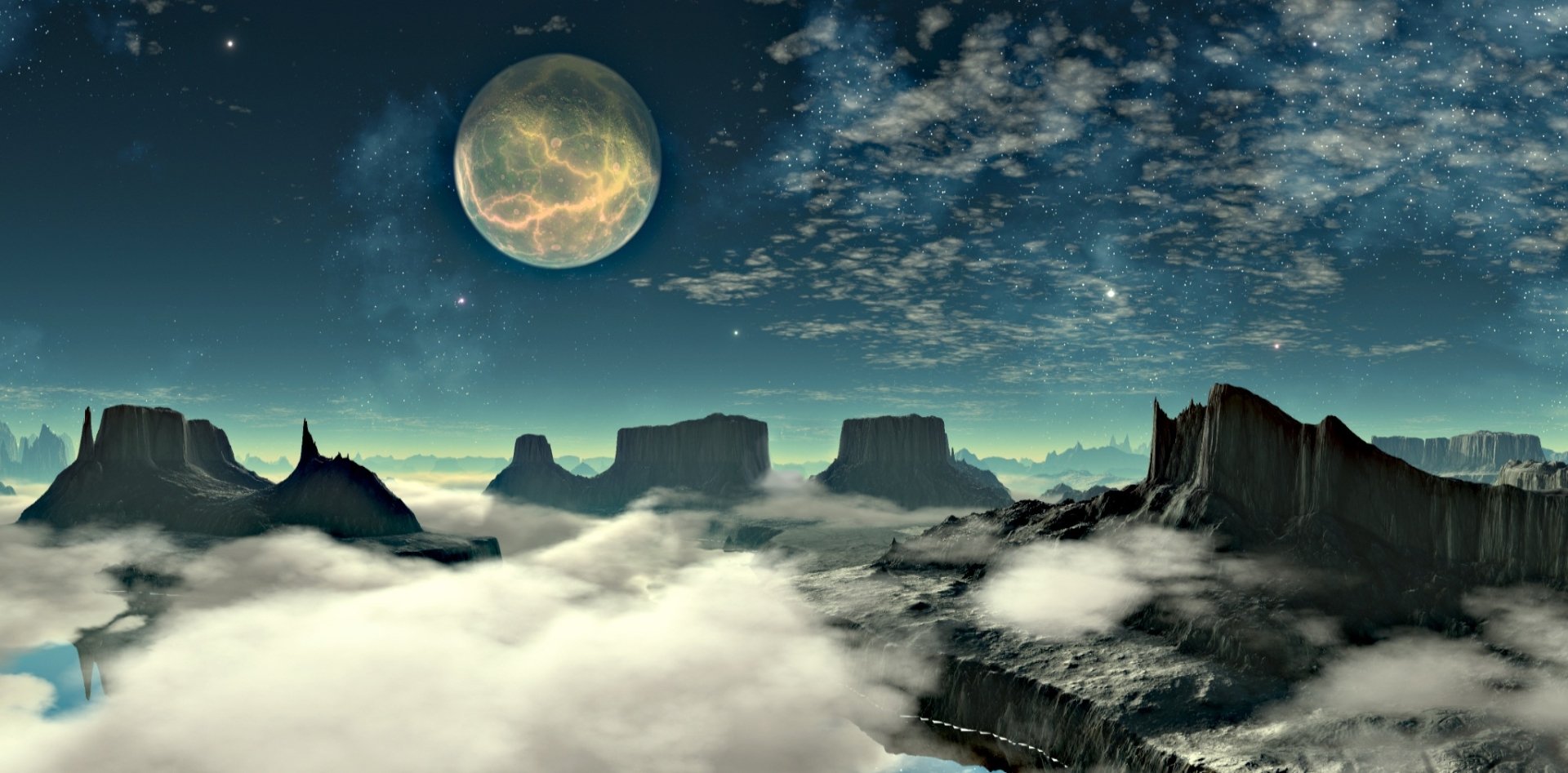 HD Sci-Fi desktop wallpaper featuring a fog-covered alien landscape under a glowing moon with clouds drifting across a dark, mysterious sky.