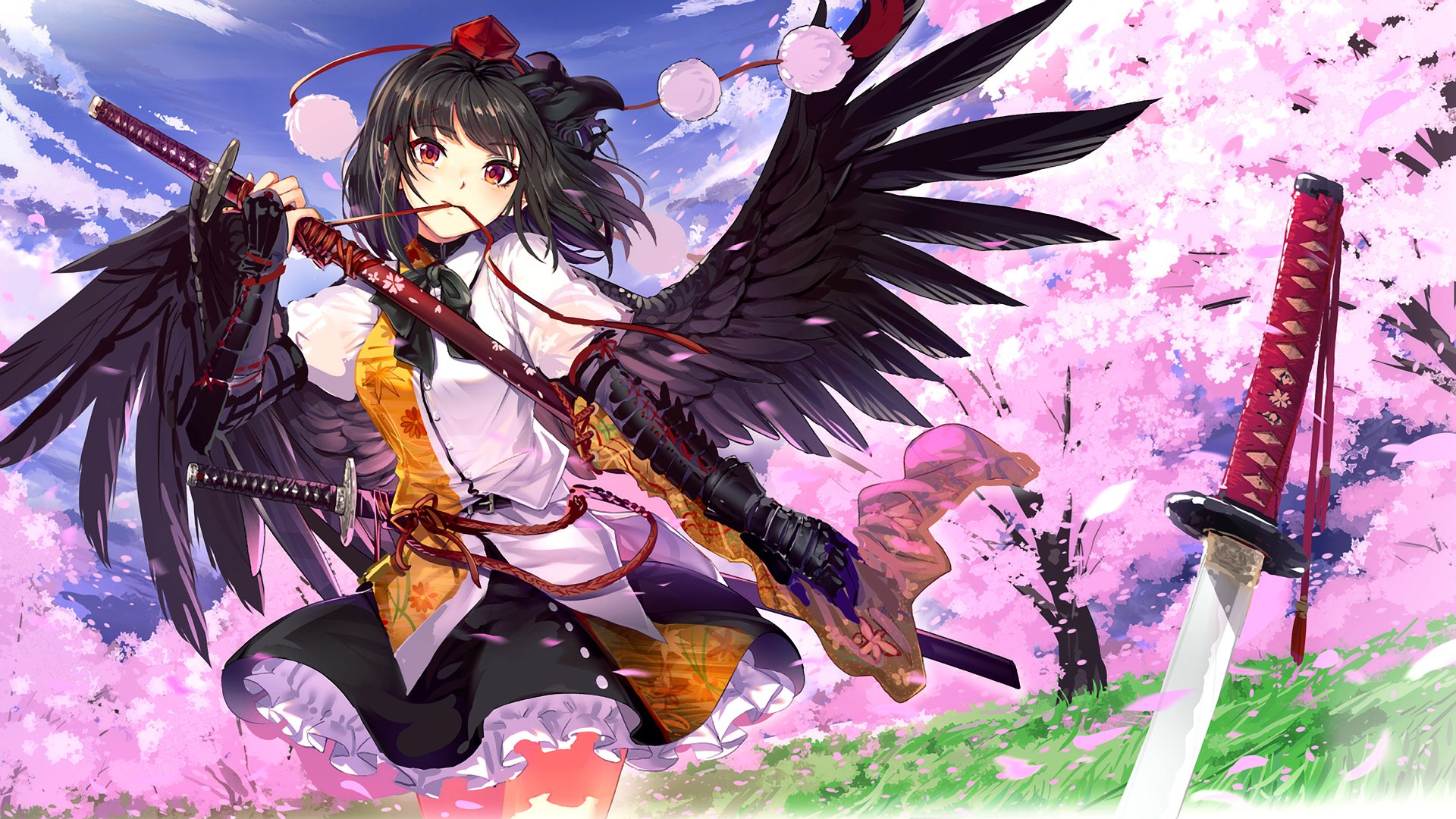 Aya Shameimaru from Touhou anime stands poised with a katana amid cherry blossoms in this vibrant HD PC desktop wallpaper and background.