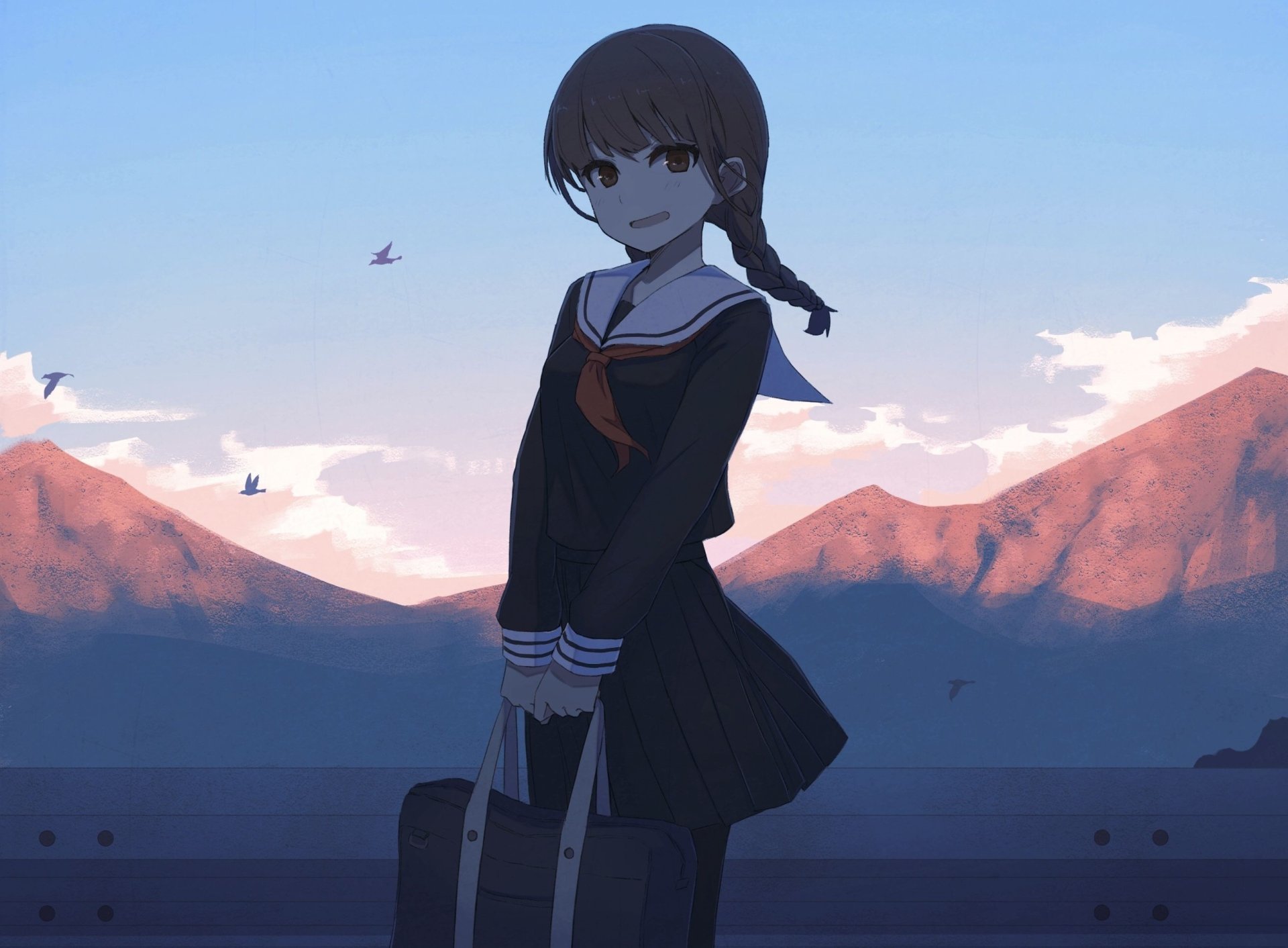 Anime original: smiling brown-eyed girl with long braided brown hair in a school uniform holding a bag at sunset with mountains — 2K Quad HD PC desktop wallpaper.