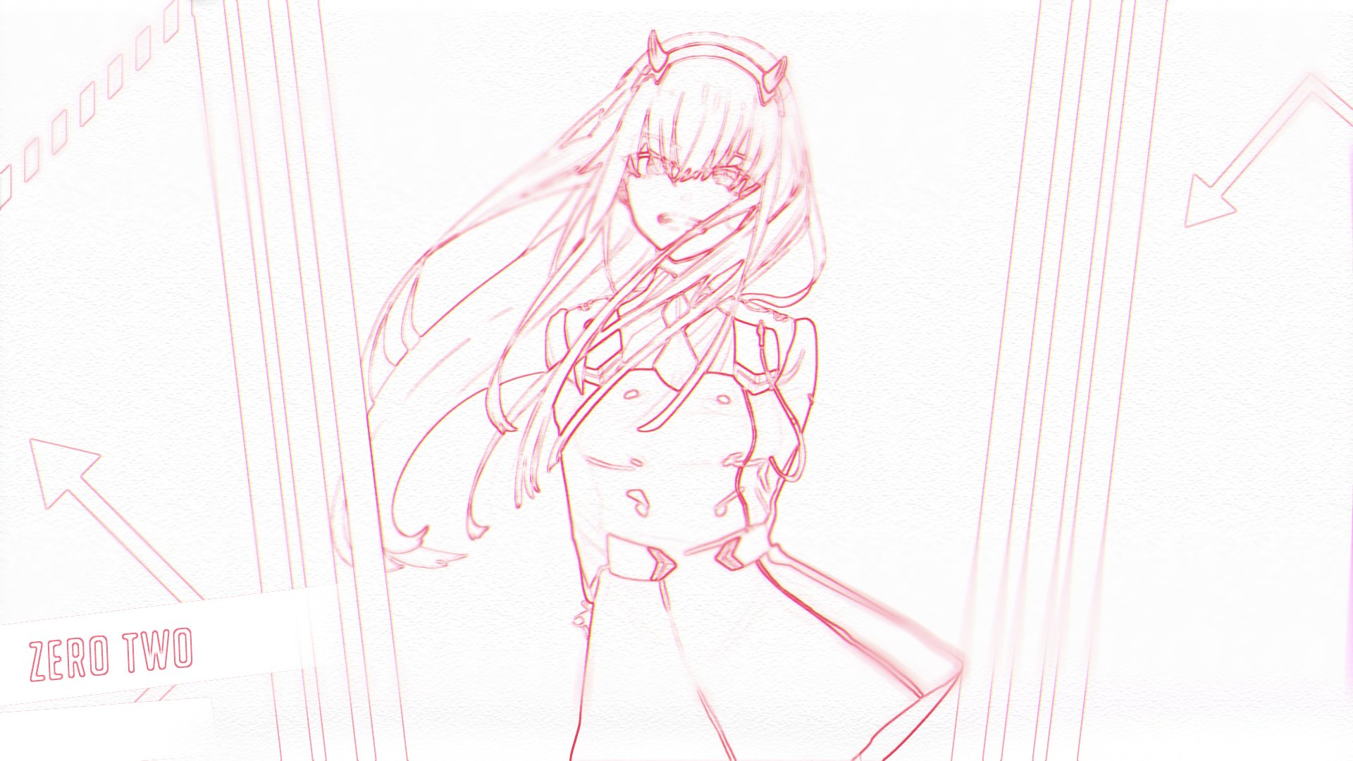 HD PC desktop wallpaper featuring Zero Two from the anime Darling in the FranXX in a dynamic, stylized line art design with soft pink hues.