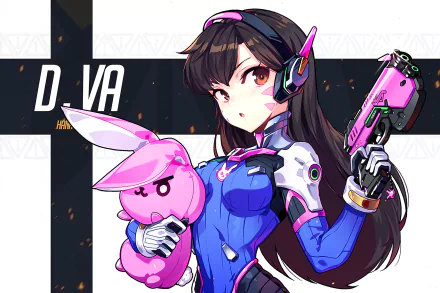 HD PC desktop wallpaper featuring D.Va from Overwatch holding her pink bunny plush and blaster, showcasing vibrant video game artwork.