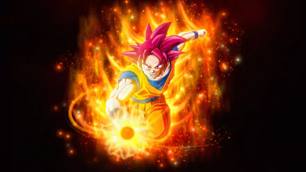 HD desktop wallpaper featuring a Super Saiyan God from Dragon Ball Super, surrounded by flames and preparing an energy attack. Bright and dynamic, capturing intense anime action.