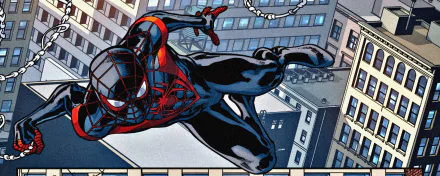 HD desktop wallpaper featuring Miles Morales as Ultimate Spider-Man swinging through a cityscape, showcasing vibrant comic-style artwork.