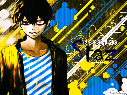 HD PC desktop wallpaper featuring Staz Charlie Blood from the anime Blood Lad, with vibrant yellow, blue, and black abstract background elements.