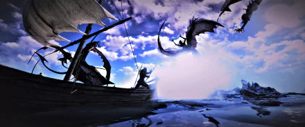 HD PC desktop wallpaper featuring Geralt of Rivia from The Witcher 3: Wild Hunt, set in a fantasy scene with dragons soaring above a boat on water.