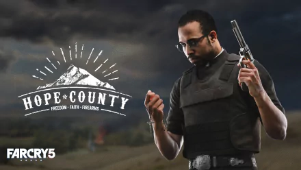 4K Ultra HD Far Cry 5 PC wallpaper featuring a character in tactical gear holding a handgun with Hope County logo in the background.