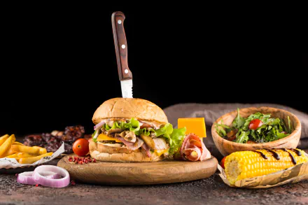 HD desktop wallpaper featuring a still life of a burger with knife, grilled corn, salad, and fries against a black background.