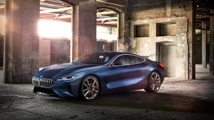 HD desktop wallpaper featuring a sleek blue BMW Concept 8 Series car in an industrial setting, highlighting the design of the BMW 8 Series vehicle.