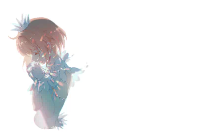 Dreamy pastel portrait of Sakura Kinomoto from Cardcaptor Sakura, left-aligned on white space — 2K Quad HD PC desktop wallpaper/background.