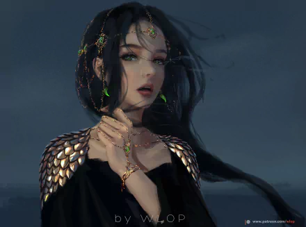 A captivating fantasy-themed HD desktop wallpaper featuring a woman with black hair, green eyes, and intricate jewelry against a dark backdrop, inspired by the comic GhostBlade.