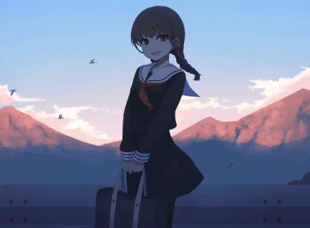 Anime original: smiling brown-eyed girl with long braided brown hair in a school uniform holding a bag at sunset with mountains — 2K Quad HD PC desktop wallpaper.