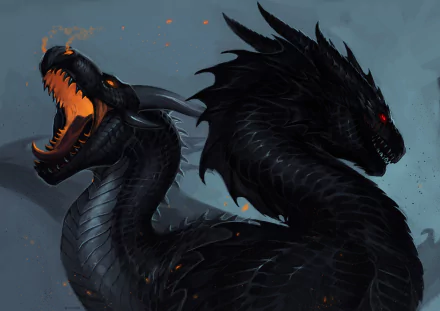 HD fantasy PC desktop wallpaper featuring a fierce black two-headed dragon with glowing red eyes against a smoky, dark background.