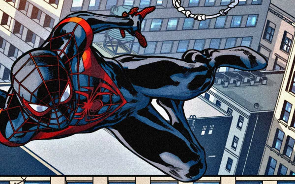 HD desktop wallpaper featuring Miles Morales as Ultimate Spider-Man swinging through a cityscape, showcasing vibrant comic-style artwork.