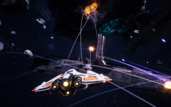 HD desktop wallpaper from the game Everspace featuring a spacecraft amid cosmic battles with asteroids and space stations in the background.