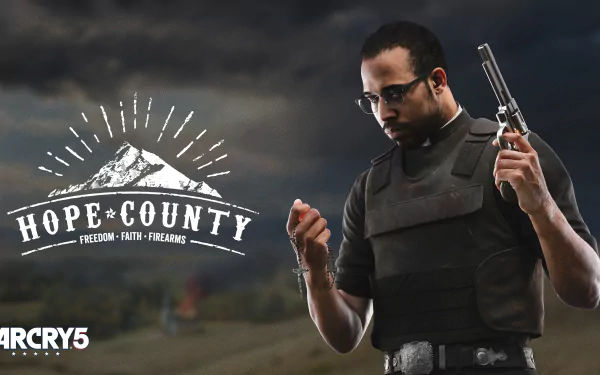 4K Ultra HD Far Cry 5 PC wallpaper featuring a character in tactical gear holding a handgun with Hope County logo in the background.