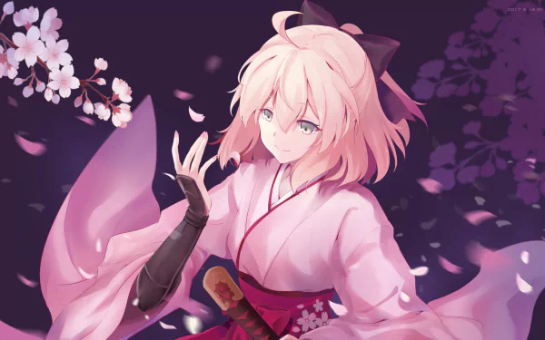 HD desktop wallpaper featuring Sakura Saber from Fate/Grand Order. The anime character is depicted in a pink kimono with cherry blossoms and falling petals in the background.